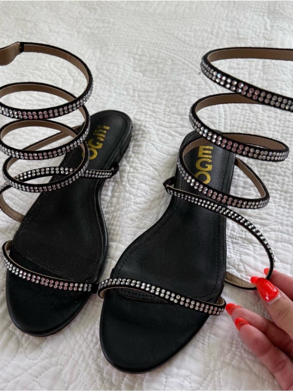 EGO Black Spiral Wrap Sandals with Rhinestone Straps